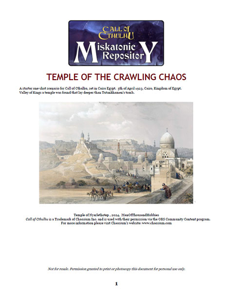 A Review of the Role Playing Game Supplement Temple of the Crawling Chaos- Call Of Chtulhu One-shot