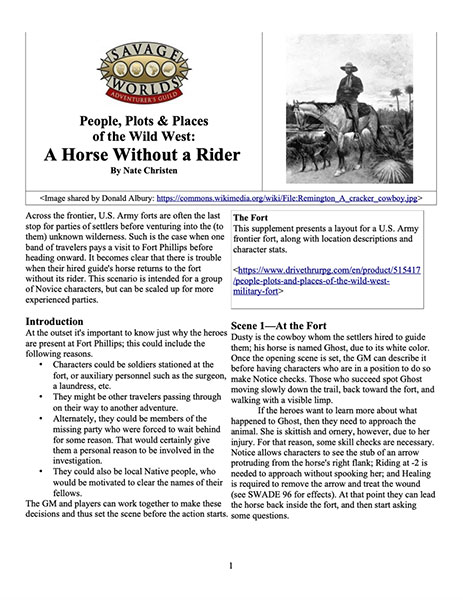 A Review of the Role Playing Game Supplement People, Plots and Places of the Wild West: A Horse Without a Rider