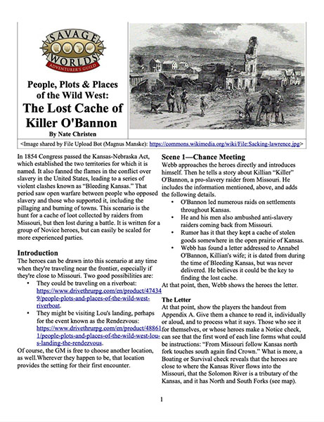 A Review of the Role Playing Game Supplement People, Plots, and Places of the Wild West: The Lost Cache of Killer O’Bannon