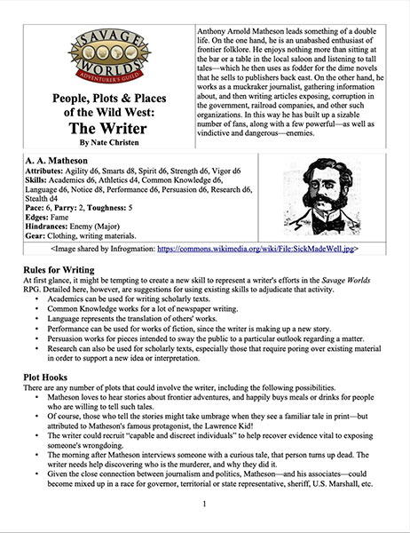 Free Playing Game Supplement Review: People, Plots and Places of the Wild West: The Writer